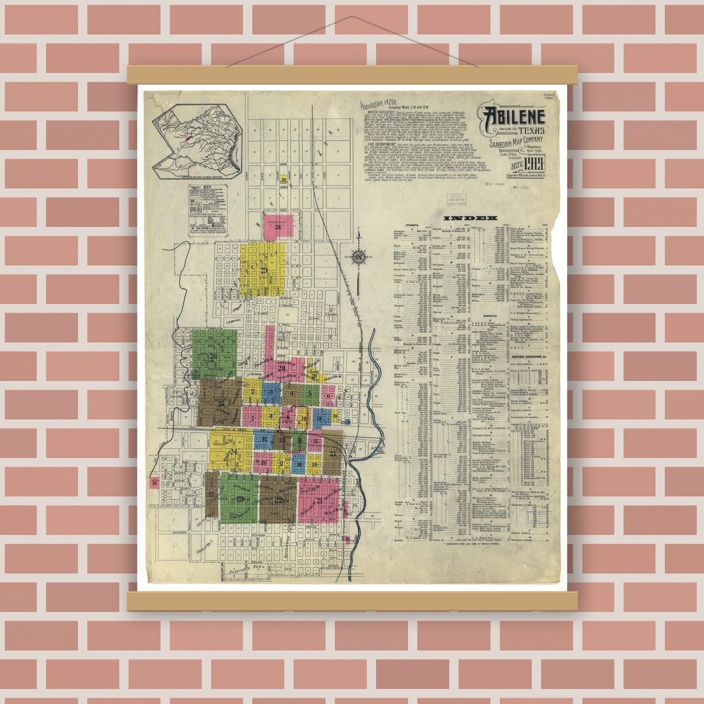 Old map wall art mockup — magnetic wood frame on brick wall — Sanborn Fire Insurance Map from Abilene, Taylor County, Texas (1919), Sheet #0001