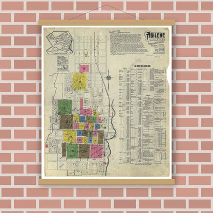 Old map wall art mockup — magnetic wood frame on brick wall — Sanborn Fire Insurance Map from Abilene, Taylor County, Texas (1919), Sheet #0001