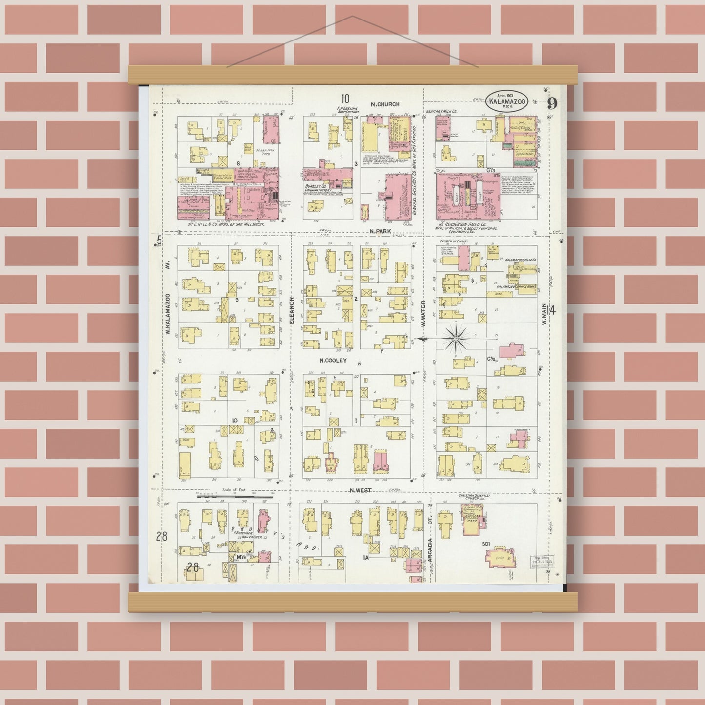 Old map wall art mockup — magnetic wood frame on brick wall — Sanborn Fire Insurance Map from Kalamazoo, Kalamazoo County, Michigan (1902), Sheet #0009