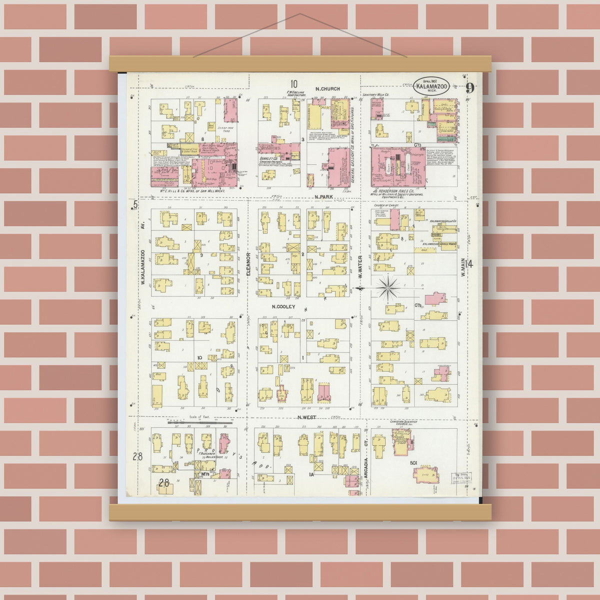 Old map wall art mockup — magnetic wood frame on brick wall — Sanborn Fire Insurance Map from Kalamazoo, Kalamazoo County, Michigan (1902), Sheet #0009