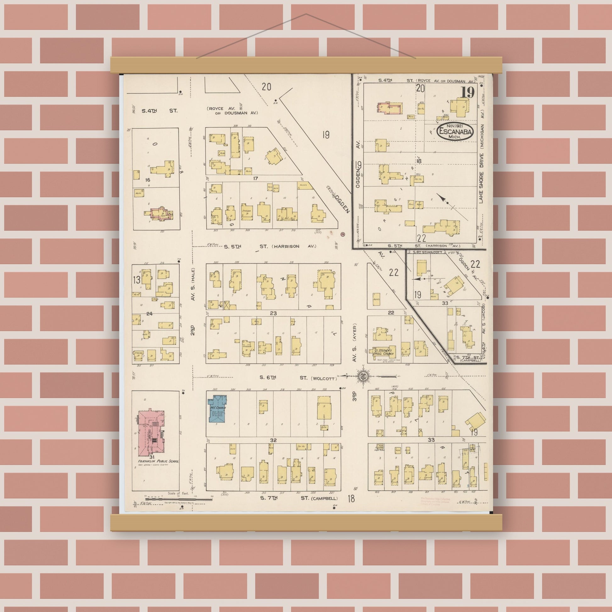 Old map wall art mockup — magnetic wood frame on brick wall — Sanborn Fire Insurance Map from Escanaba, Delta County, Michigan (1921), Sheet #0019