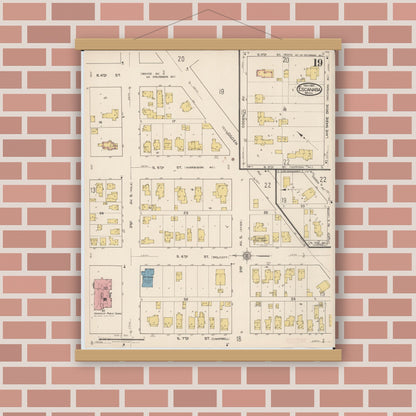 Old map wall art mockup — magnetic wood frame on brick wall — Sanborn Fire Insurance Map from Escanaba, Delta County, Michigan (1921), Sheet #0019