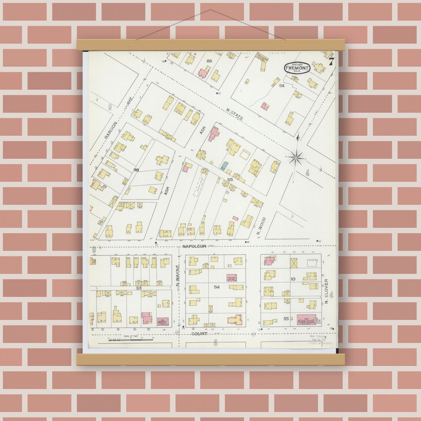 Old map wall art mockup — magnetic wood frame on brick wall — Sanborn Fire Insurance Map from Fremont, Sandusky County, Ohio (1893), Sheet #0007