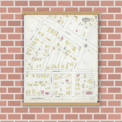 Old map wall art mockup — magnetic wood frame on brick wall — Sanborn Fire Insurance Map from Fremont, Sandusky County, Ohio (1893), Sheet #0007