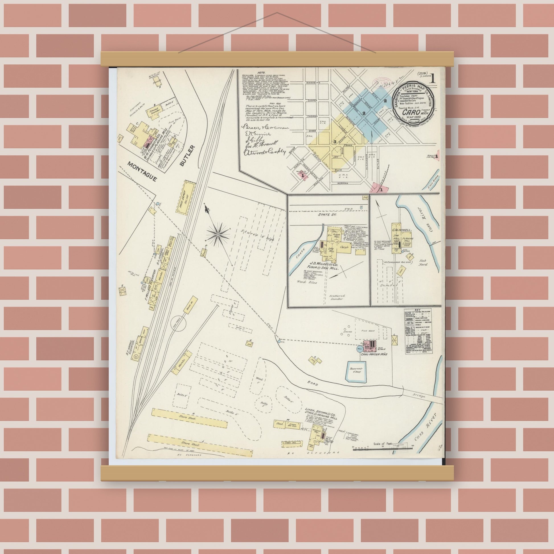 Old map wall art mockup — magnetic wood frame on brick wall — Sanborn Fire Insurance Map from Caro, Tuscola County, Michigan (1890), Sheet #0001