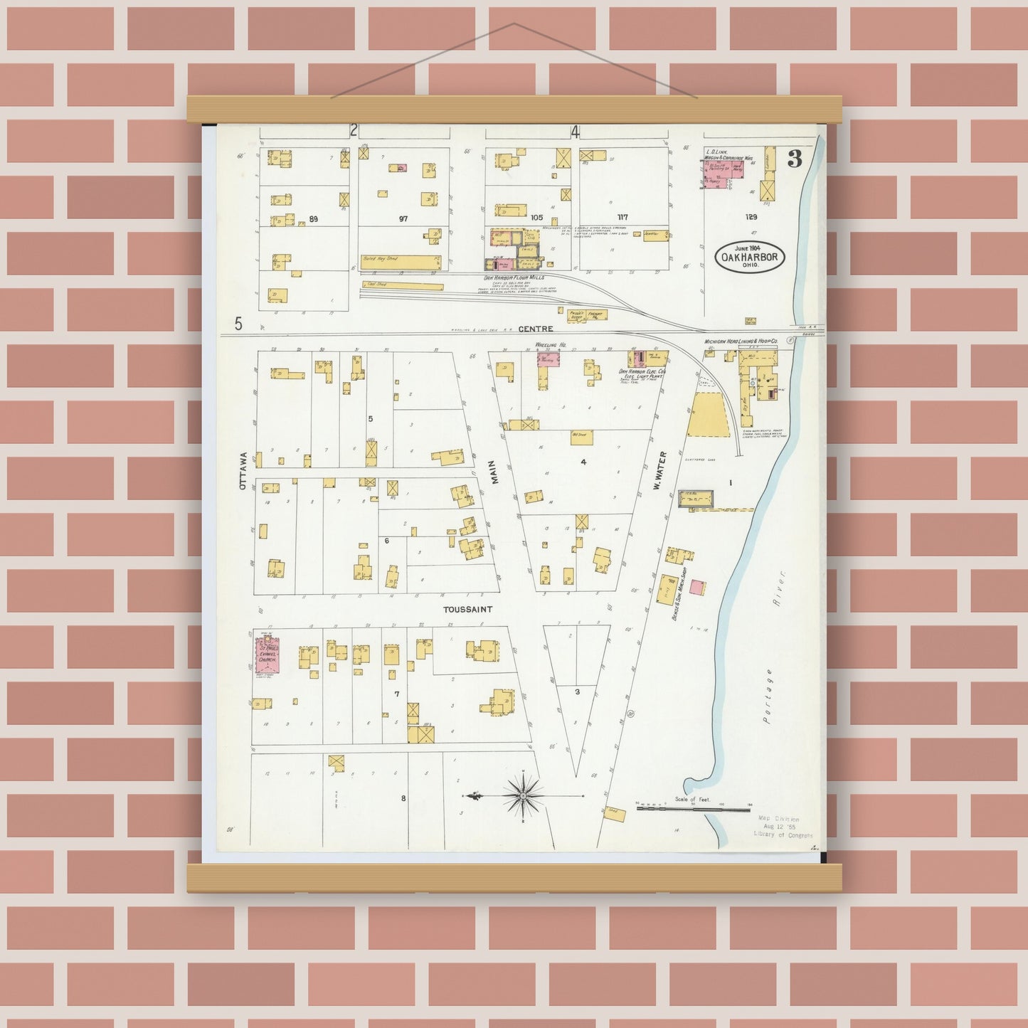 Old map wall art mockup — magnetic wood frame on brick wall — Sanborn Fire Insurance Map from Oak Harbor, Ottawa County, Ohio (1904), Sheet #0003