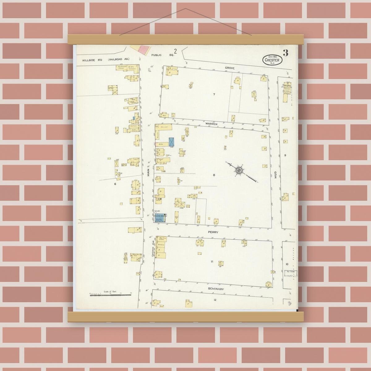 Old map wall art mockup — magnetic wood frame on brick wall — Sanborn Fire Insurance Map from Chester, Morris County, New Jersey (1912), Sheet #0003