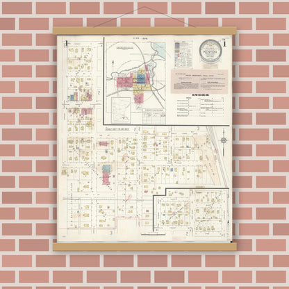 Old map wall art mockup — magnetic wood frame on brick wall — Sanborn Fire Insurance Map from Kenyon, Goodhue County, Minnesota (1944) - Complete Map Set
