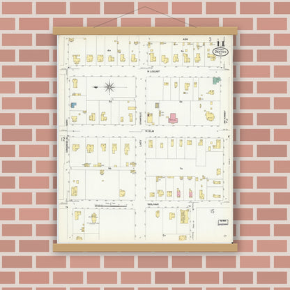 Old map wall art mockup — magnetic wood frame on brick wall — Sanborn Fire Insurance Map from Denton, Denton County, Texas (1907), Sheet #0011