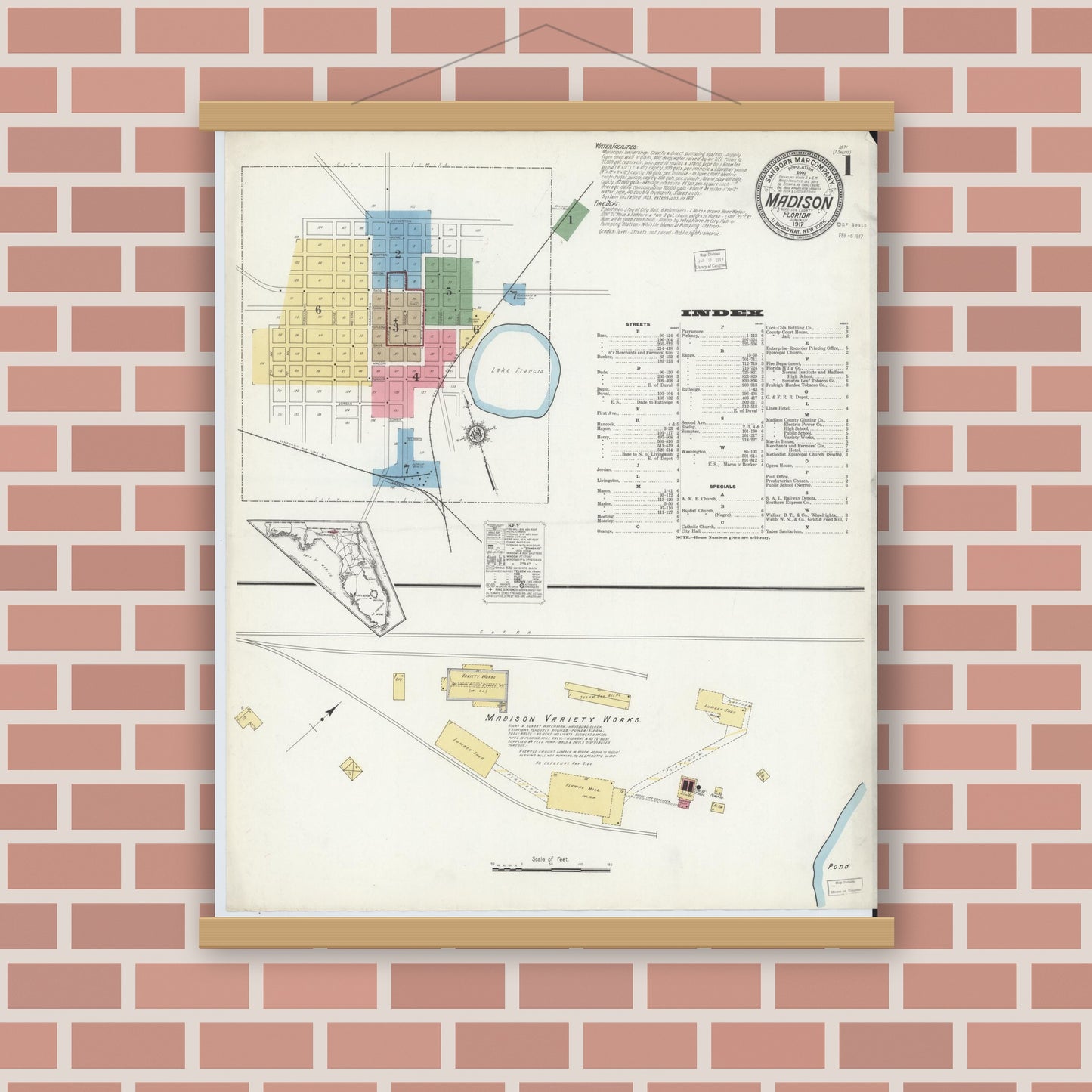 Old map wall art mockup — magnetic wood frame on brick wall — Sanborn Fire Insurance Map from Madison, Madison County, Florida (1917) - Complete Map Set