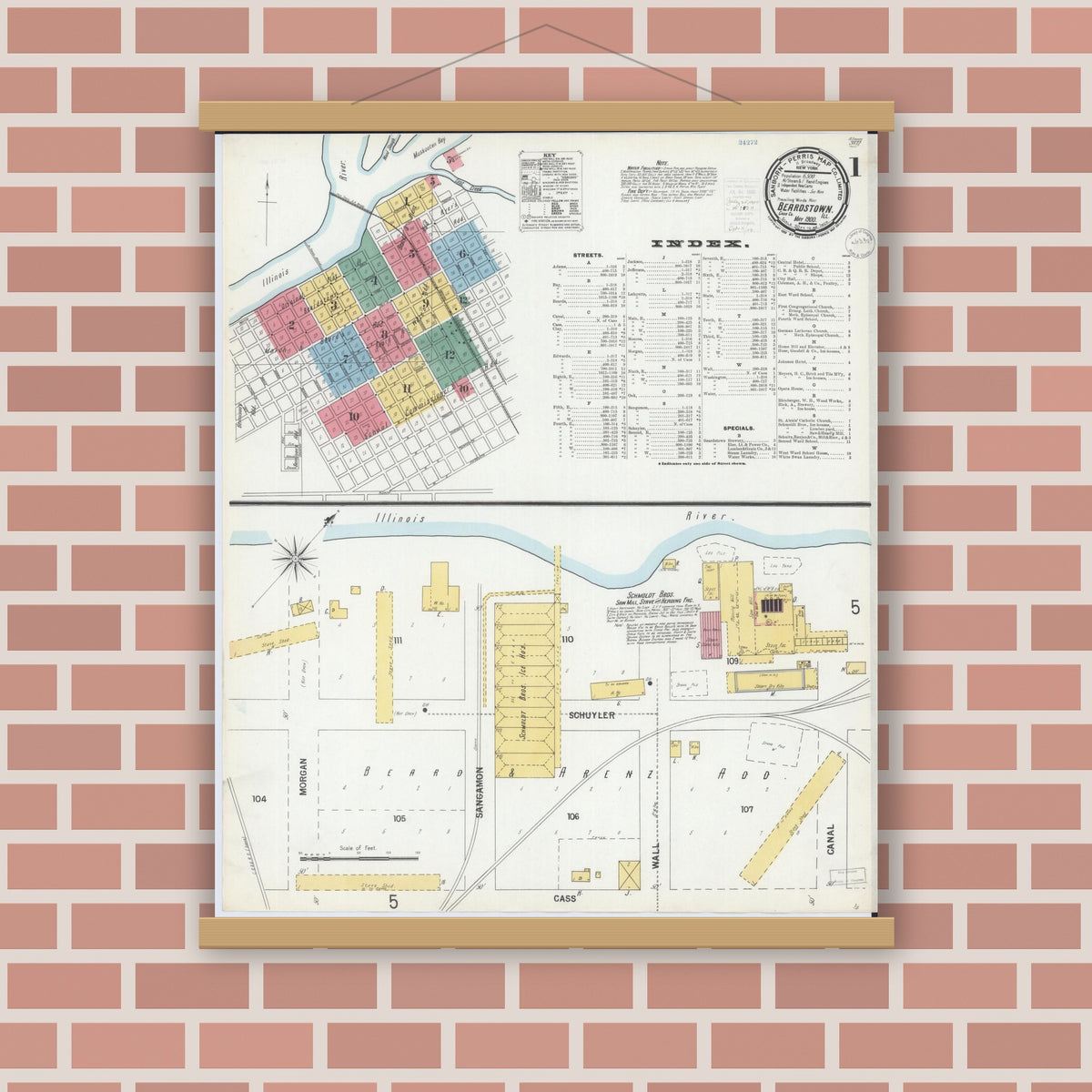 Old map wall art mockup — magnetic wood frame on brick wall — Sanborn Fire Insurance Map from Beardstown, Cass County, Illinois (1900) - Complete Map Set