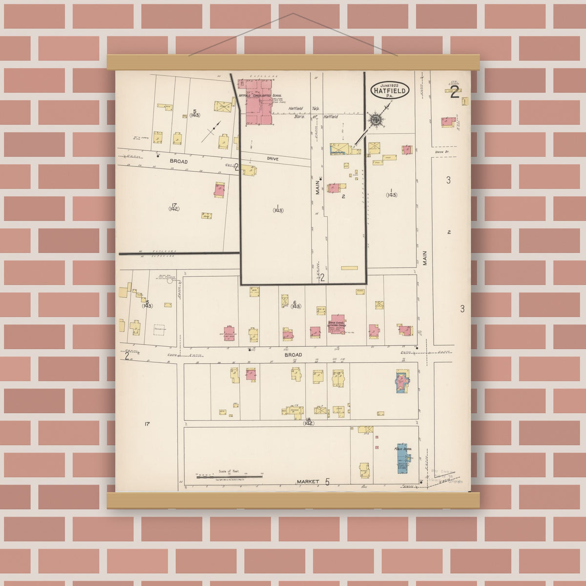 Old map wall art mockup — magnetic wood frame on brick wall — Sanborn Fire Insurance Map from Hatfield, Montgomery County, Pennsylvania (1922), Sheet #0002