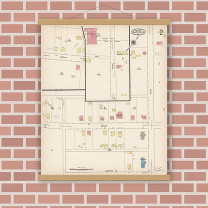Old map wall art mockup — magnetic wood frame on brick wall — Sanborn Fire Insurance Map from Hatfield, Montgomery County, Pennsylvania (1922), Sheet #0002