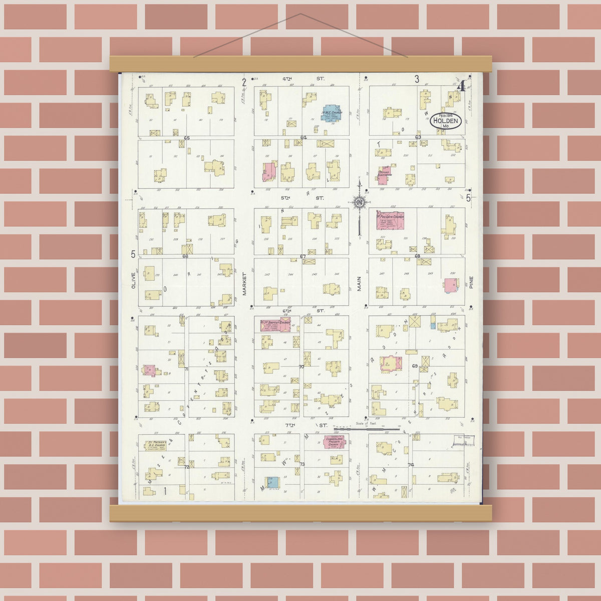 Old map wall art mockup — magnetic wood frame on brick wall — Sanborn Fire Insurance Map from Holden, Johnson County, Missouri (1914), Sheet #0004
