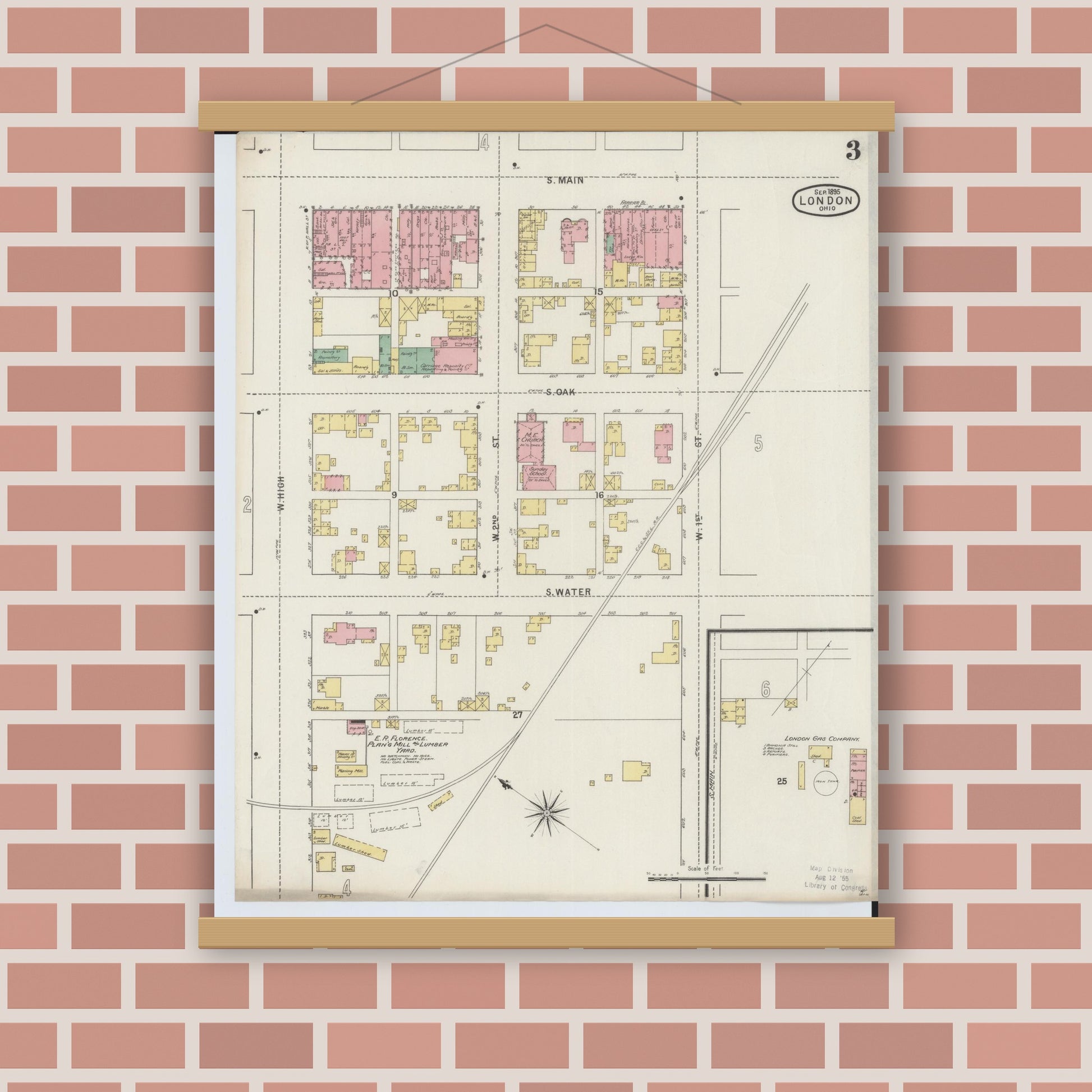Old map wall art mockup — magnetic wood frame on brick wall — Sanborn Fire Insurance Map from London, Madison County, Ohio (1895), Sheet #0003