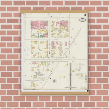 Old map wall art mockup — magnetic wood frame on brick wall — Sanborn Fire Insurance Map from London, Madison County, Ohio (1895), Sheet #0003