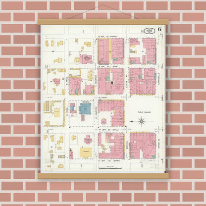 Old map wall art mockup — magnetic wood frame on brick wall — Sanborn Fire Insurance Map from Paris, Lamar County, Texas (1908), Sheet #0006