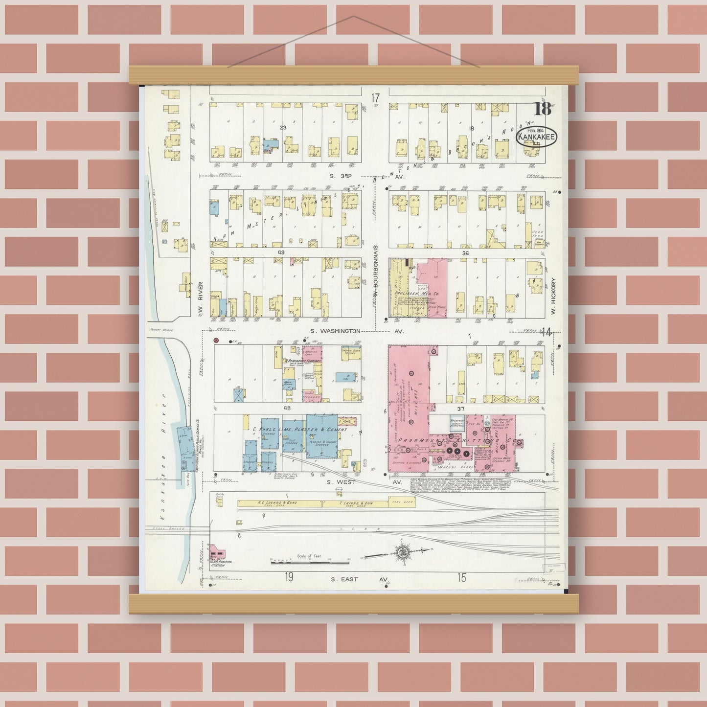 Old map wall art mockup — magnetic wood frame on brick wall — Sanborn Fire Insurance Map from Kankakee, Kankakee County, Illinois (1914), Sheet #0018