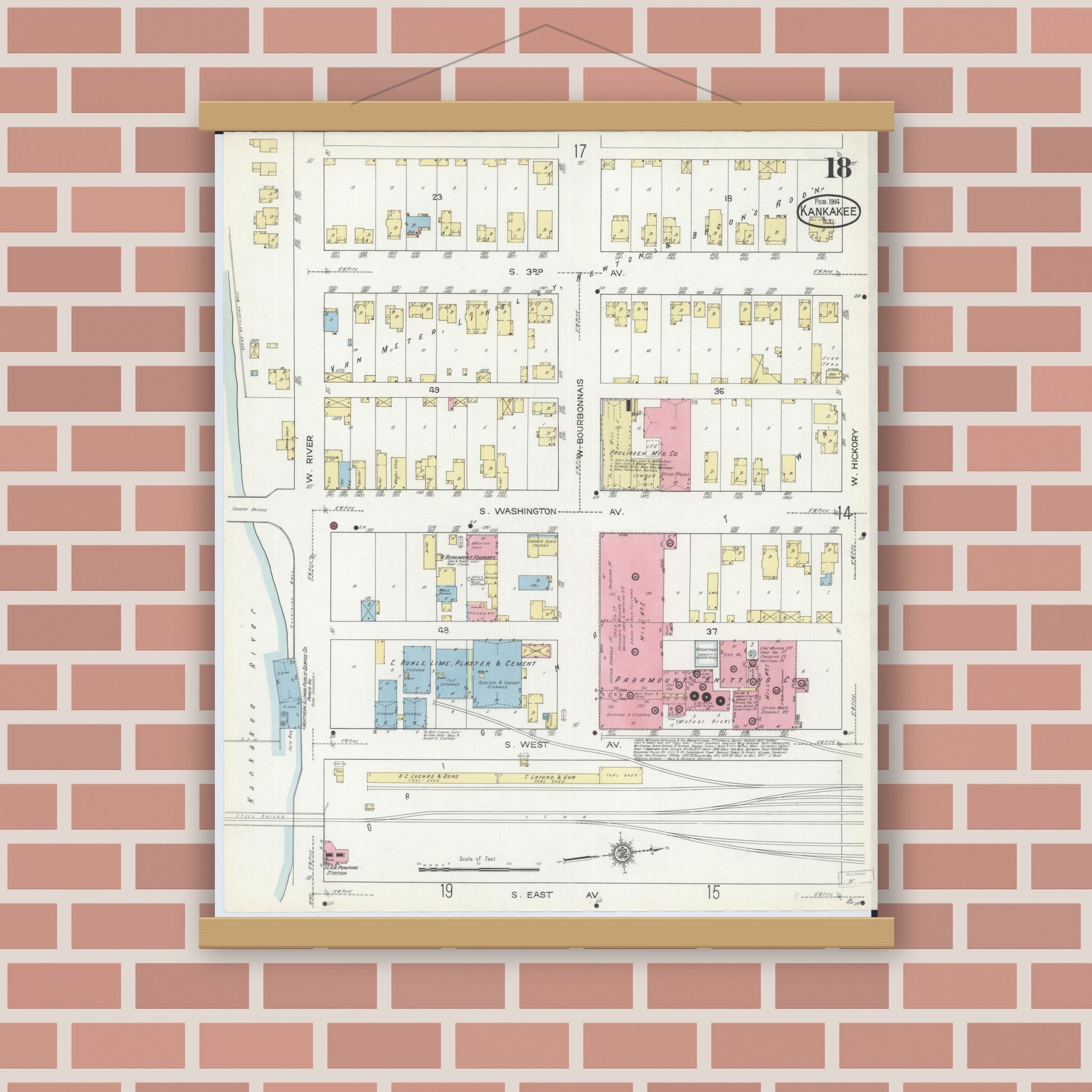 Old map wall art mockup — magnetic wood frame on brick wall — Sanborn Fire Insurance Map from Kankakee, Kankakee County, Illinois (1914), Sheet #0018
