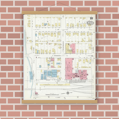 Old map wall art mockup — magnetic wood frame on brick wall — Sanborn Fire Insurance Map from Kankakee, Kankakee County, Illinois (1914), Sheet #0018