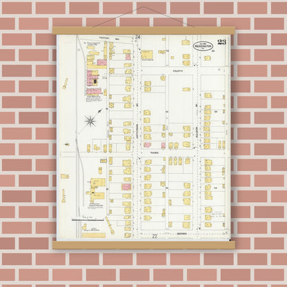 Old map wall art mockup — magnetic wood frame on brick wall — Sanborn Fire Insurance Map from Washington, Washington County, Pennsylvania (1904), Sheet #0023