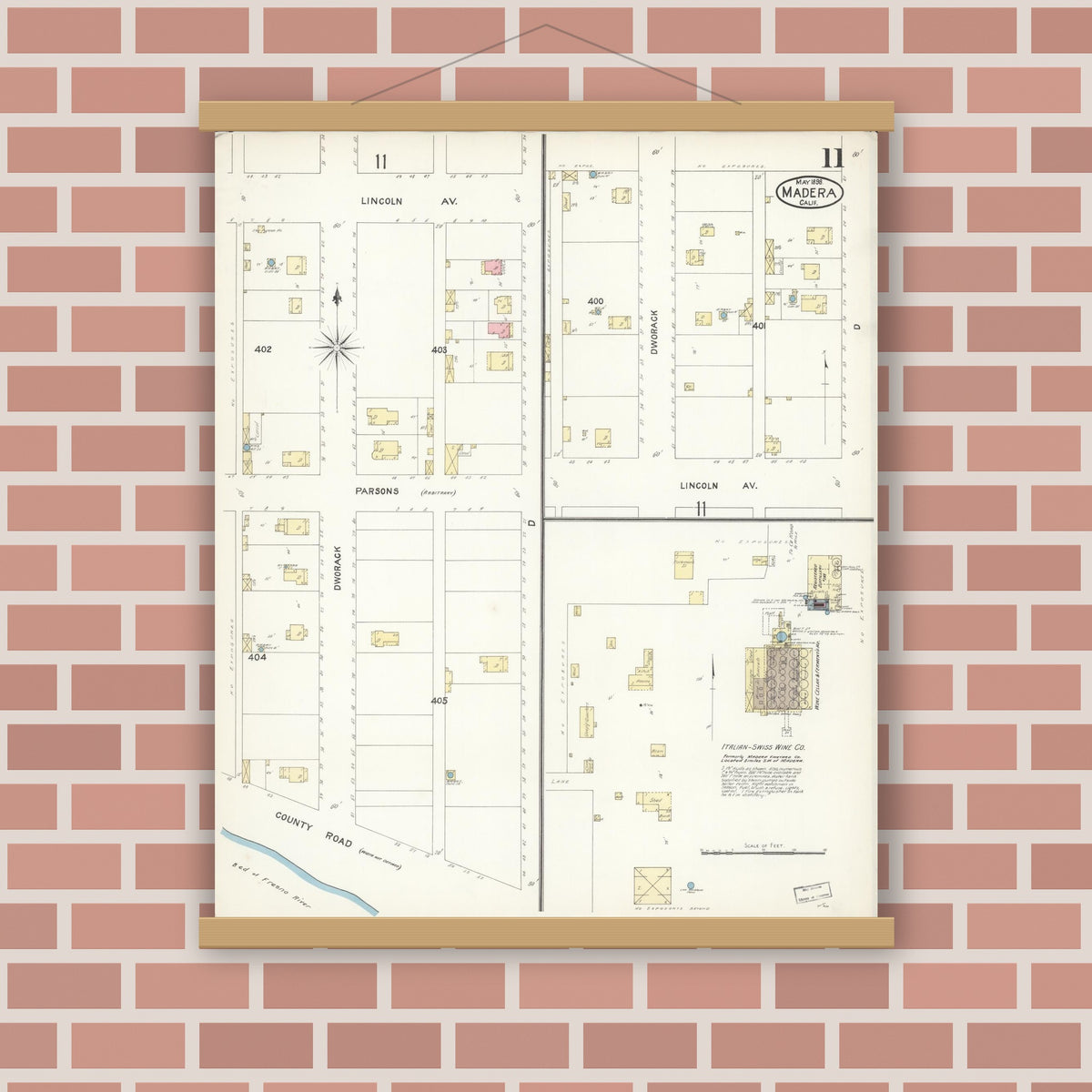 Old map wall art mockup — magnetic wood frame on brick wall — Sanborn Fire Insurance Map from Madera, Madera County, California (1898), Sheet #0011