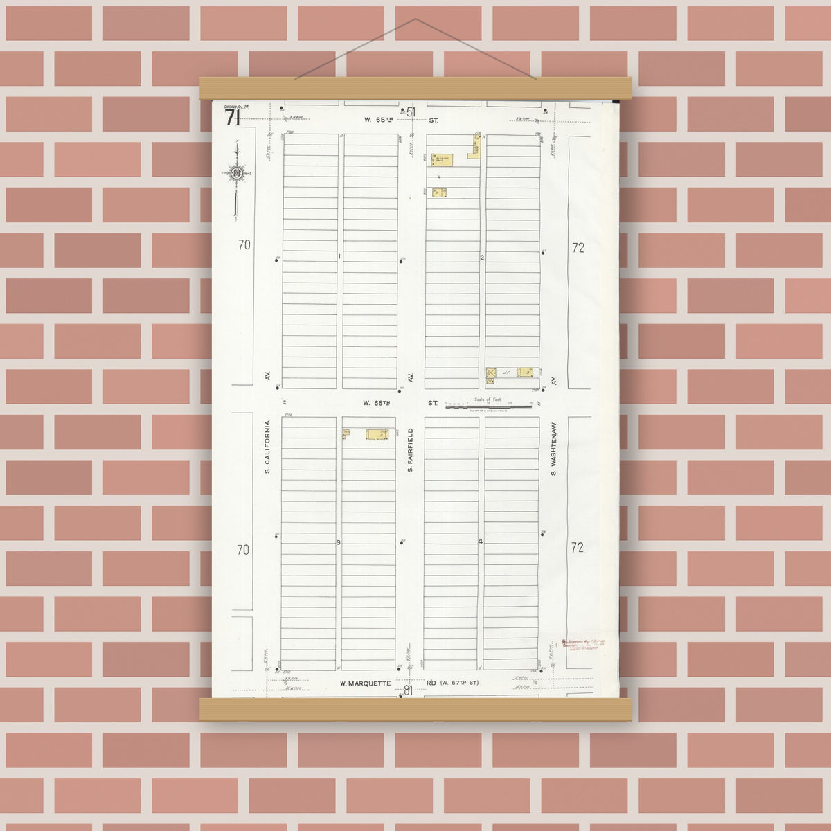 Old map wall art mockup — magnetic wood frame on brick wall — Sanborn Fire Insurance Map from Chicago, Cook County, Illinois (1920), Sheet #0071