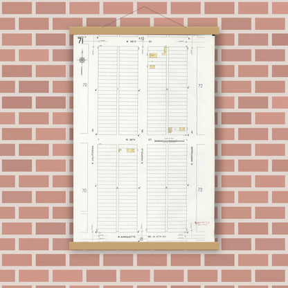 Old map wall art mockup — magnetic wood frame on brick wall — Sanborn Fire Insurance Map from Chicago, Cook County, Illinois (1920), Sheet #0071