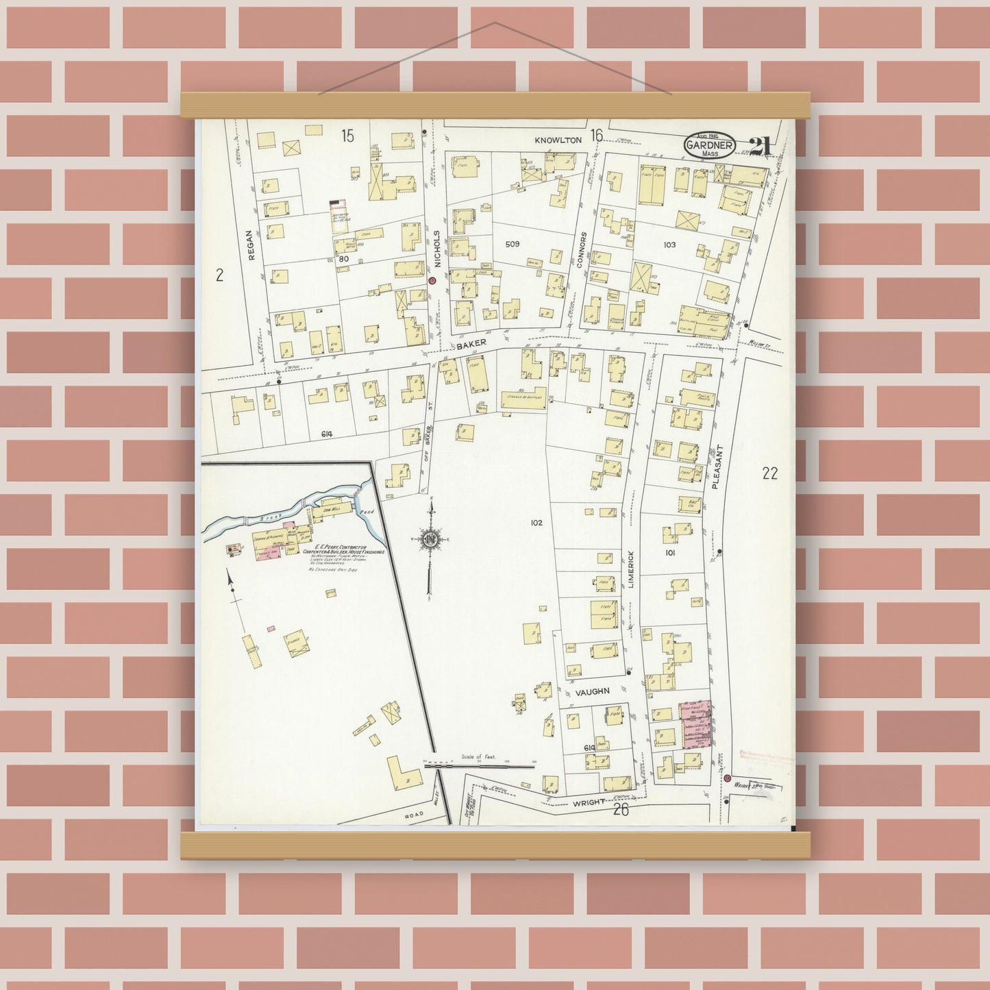 Old map wall art mockup — magnetic wood frame on brick wall — Sanborn Fire Insurance Map from Gardner, Worcester County, Massachusetts (1914), Sheet #0021