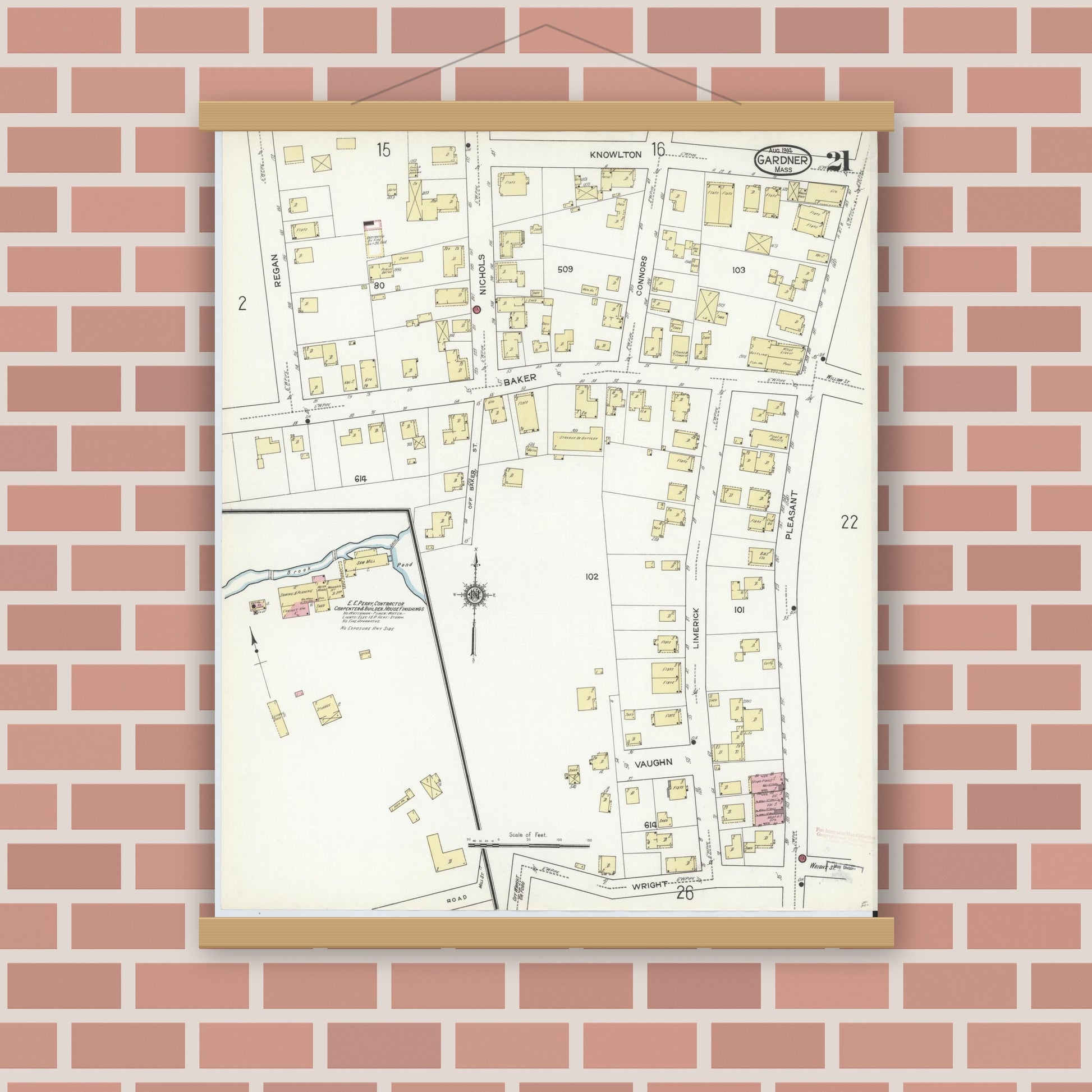 Old map wall art mockup — magnetic wood frame on brick wall — Sanborn Fire Insurance Map from Gardner, Worcester County, Massachusetts (1914), Sheet #0021