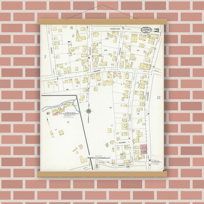 Old map wall art mockup — magnetic wood frame on brick wall — Sanborn Fire Insurance Map from Gardner, Worcester County, Massachusetts (1914), Sheet #0021