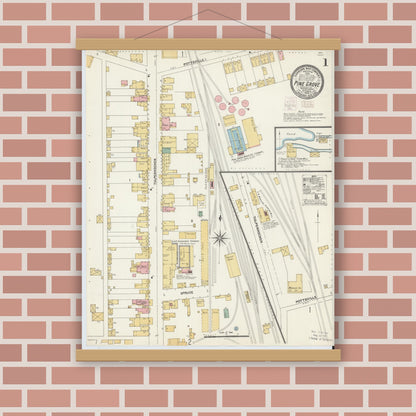 Old map wall art mockup — magnetic wood frame on brick wall — Sanborn Fire Insurance Map from Pine Grove, Schuylkill County, Pennsylvania (1902), Sheet #0001