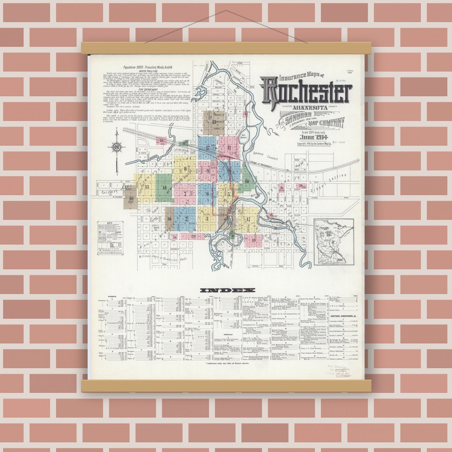 Old map wall art mockup — magnetic wood frame on brick wall — Sanborn Fire Insurance Map from Rochester, Olmsted County, Minnesota (1914), Sheet #0001