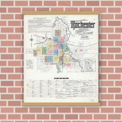 Old map wall art mockup — magnetic wood frame on brick wall — Sanborn Fire Insurance Map from Rochester, Olmsted County, Minnesota (1914), Sheet #0001