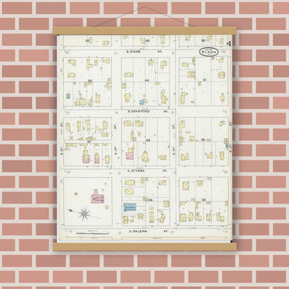Old map wall art mockup — magnetic wood frame on brick wall — Sanborn Fire Insurance Map from Dixon, Lee County, Illinois (1891), Sheet #0004