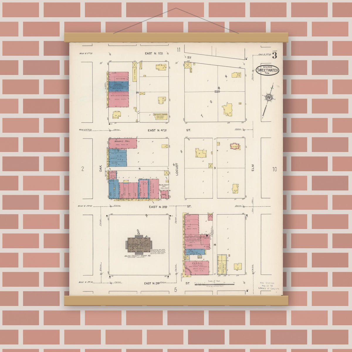 Old map wall art mockup — magnetic wood frame on brick wall — Sanborn Fire Insurance Map from Sweetwater, Nolan County, Texas (1922), Sheet #0003