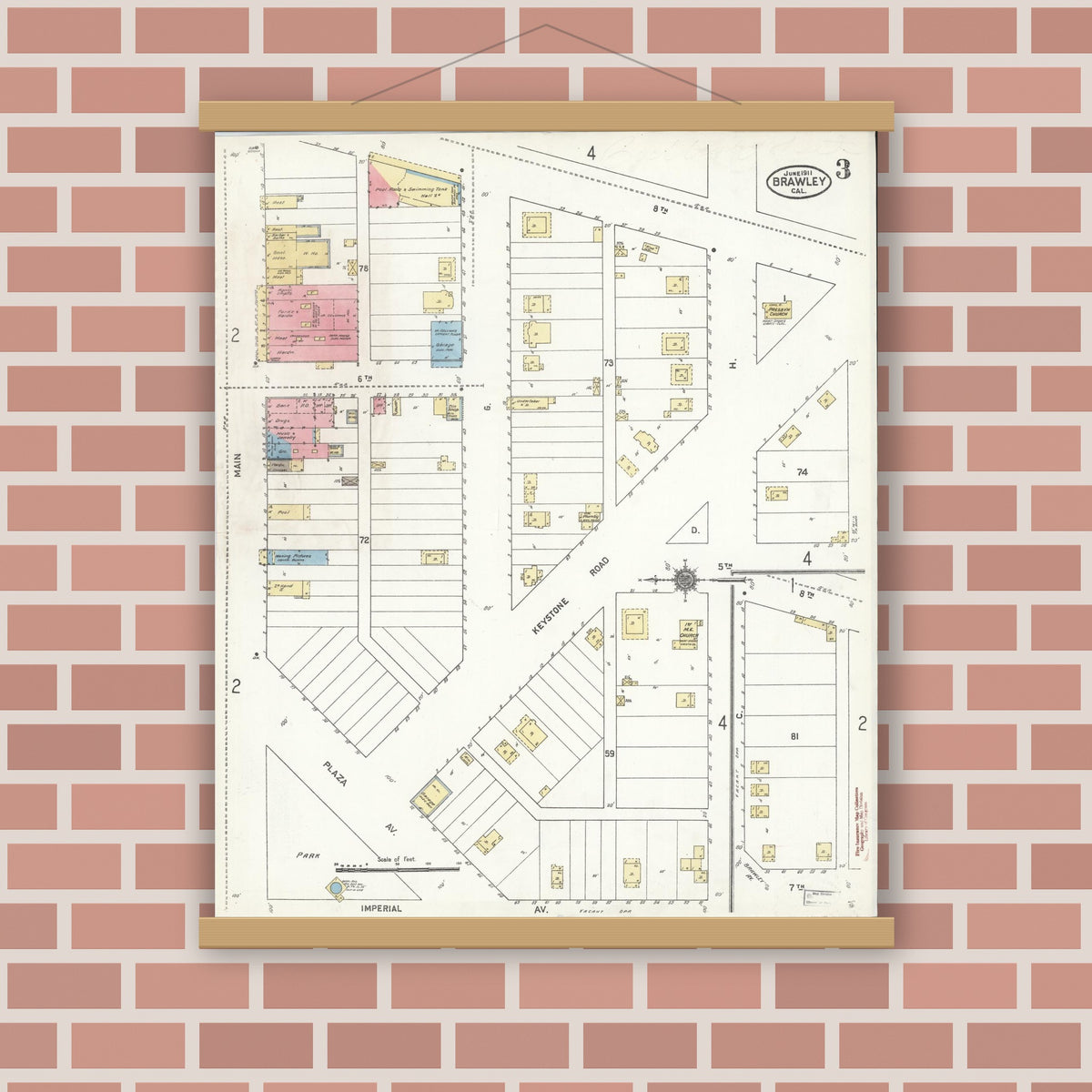 Old map wall art mockup — magnetic wood frame on brick wall — Sanborn Fire Insurance Map from Brawley, Imperial County, California (1911), Sheet #0003