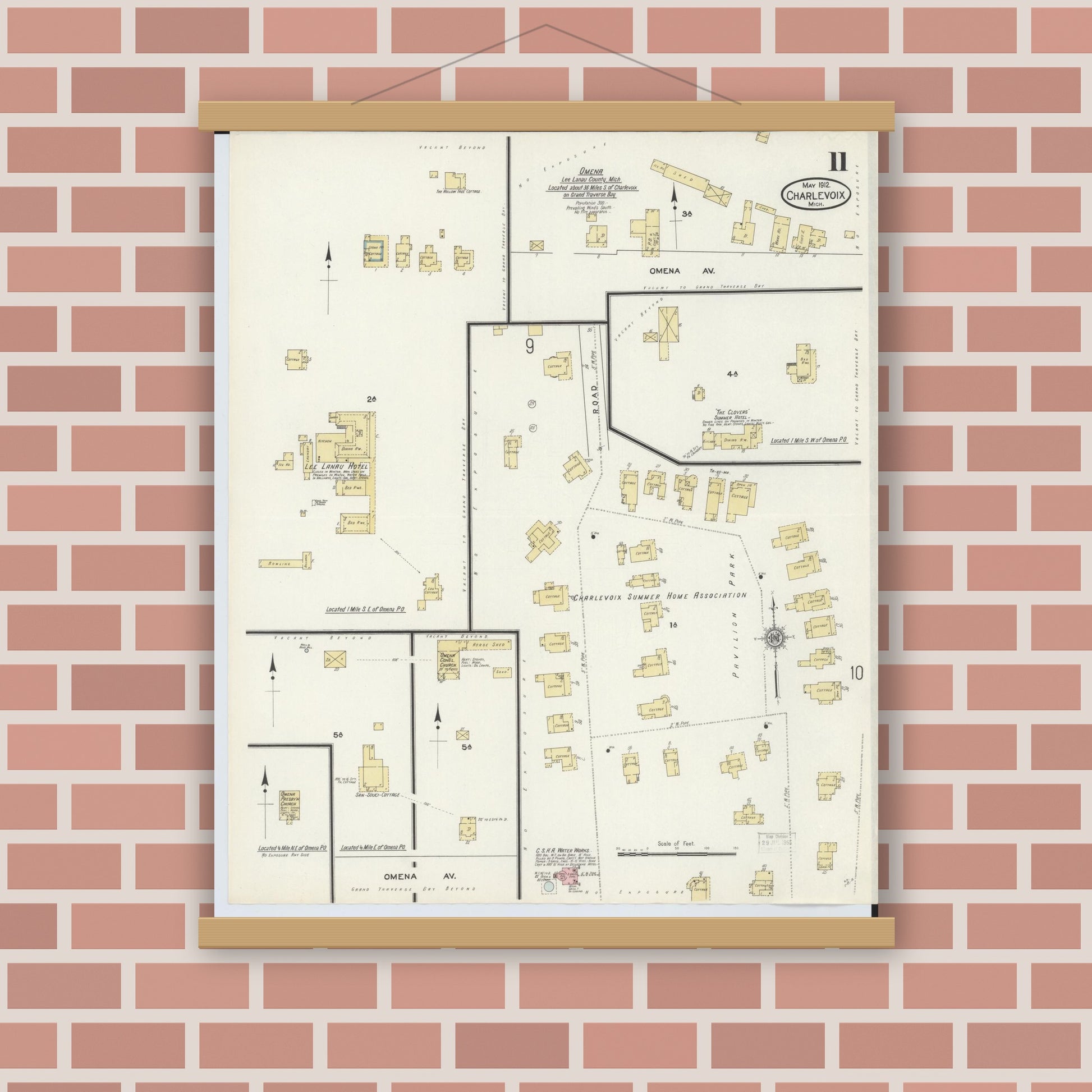 Old map wall art mockup — magnetic wood frame on brick wall — Sanborn Fire Insurance Map from Charlevoix, Charlevoix County, Michigan (1912), Sheet #0011