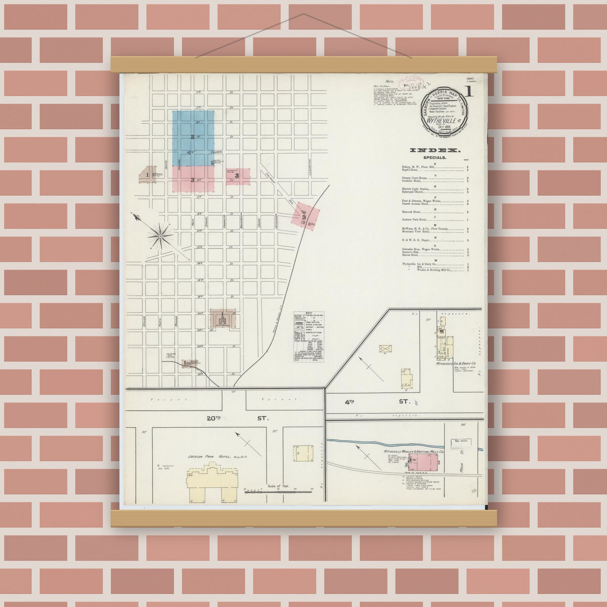 Old map wall art mockup — magnetic wood frame on brick wall — Sanborn Fire Insurance Map from Wytheville, Wythe County, Virginia (1891) - Complete Map Set