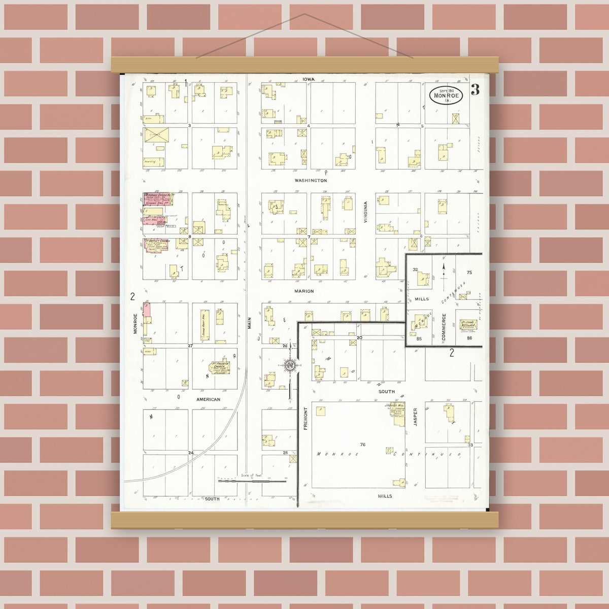 Old map wall art mockup — magnetic wood frame on brick wall — Sanborn Fire Insurance Map from Monroe, Jasper County, Iowa (1911), Sheet #0003