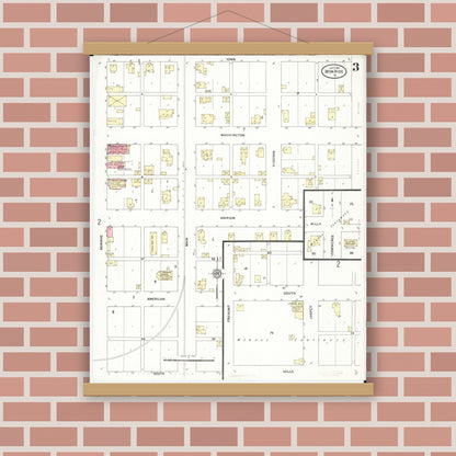 Old map wall art mockup — magnetic wood frame on brick wall — Sanborn Fire Insurance Map from Monroe, Jasper County, Iowa (1911), Sheet #0003