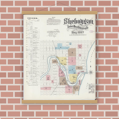 Old map wall art mockup — magnetic wood frame on brick wall — Sanborn Fire Insurance Map from Sheboygan, Sheboygan County, Wisconsin (1887) - Complete Map Set