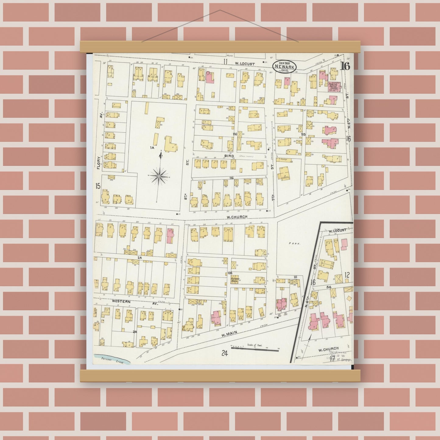 Old map wall art mockup — magnetic wood frame on brick wall — Sanborn Fire Insurance Map from Newark, Licking County, Ohio (1905), Sheet #0016