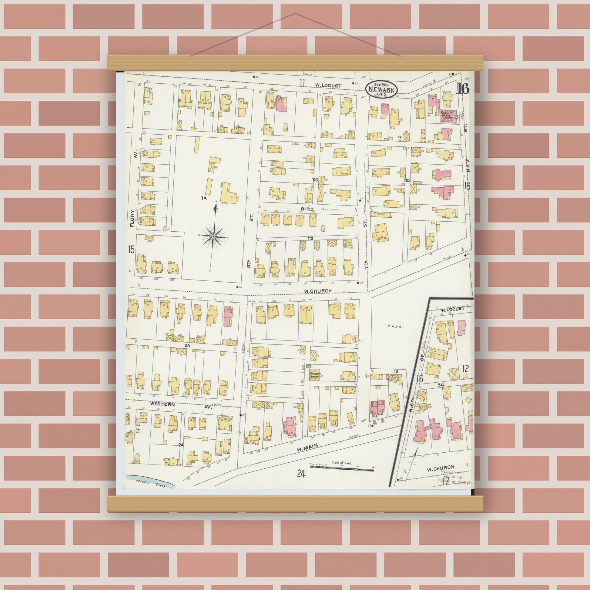 Old map wall art mockup — magnetic wood frame on brick wall — Sanborn Fire Insurance Map from Newark, Licking County, Ohio (1905), Sheet #0016