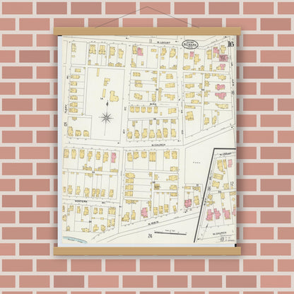 Old map wall art mockup — magnetic wood frame on brick wall — Sanborn Fire Insurance Map from Newark, Licking County, Ohio (1905), Sheet #0016