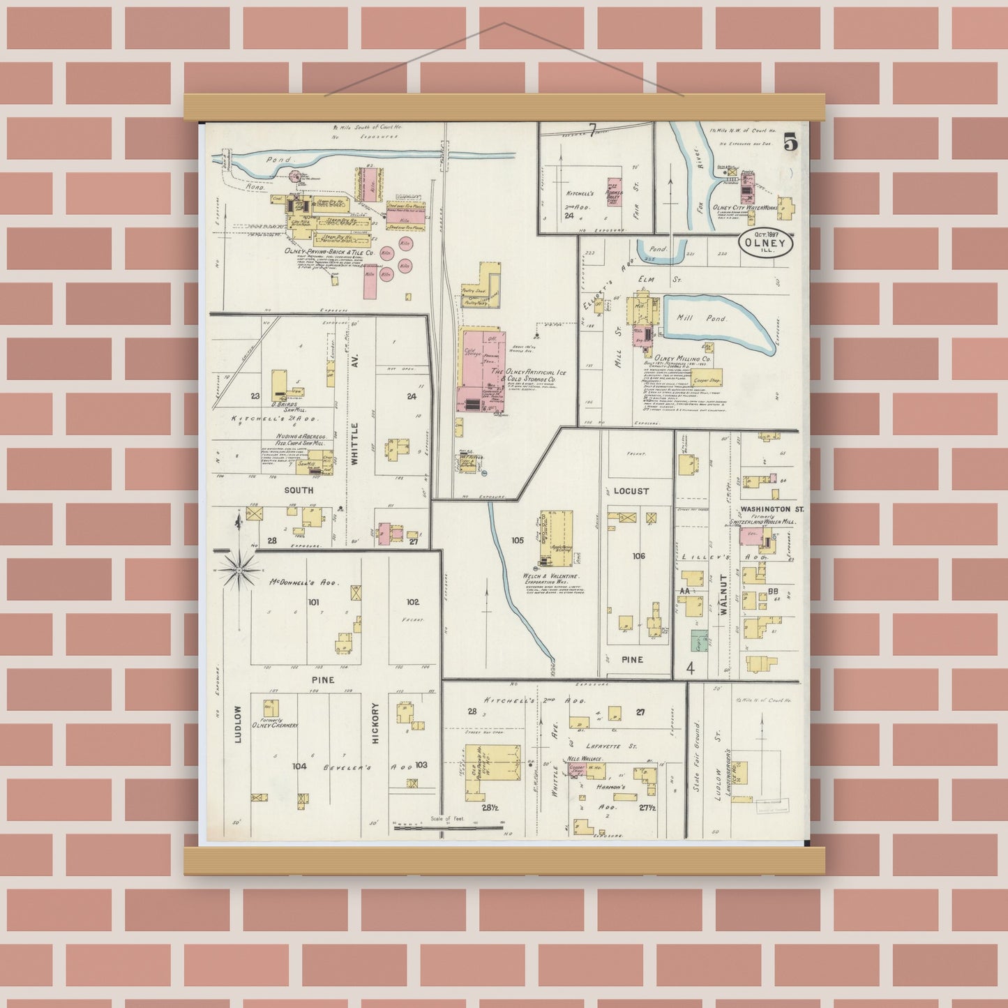 Old map wall art mockup — magnetic wood frame on brick wall — Sanborn Fire Insurance Map from Olney, Richland County, Illinois (1897), Sheet #0005