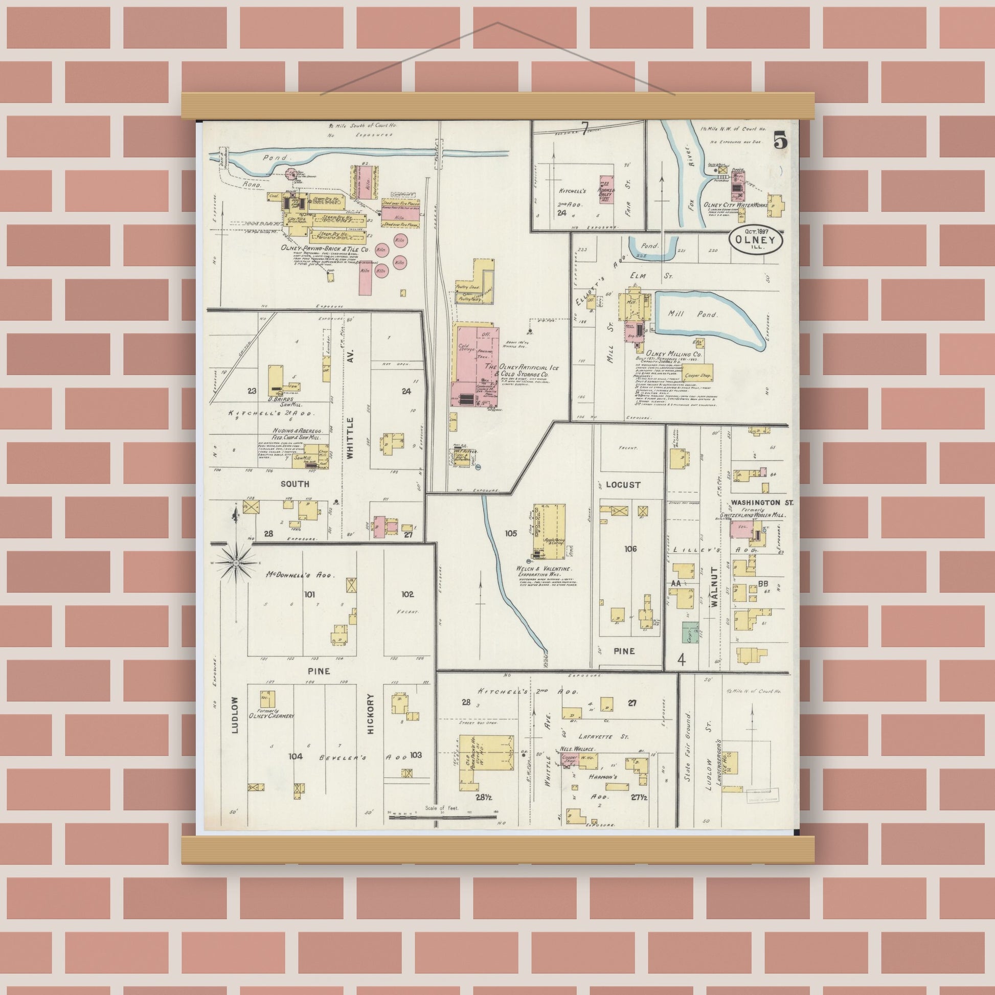 Old map wall art mockup — magnetic wood frame on brick wall — Sanborn Fire Insurance Map from Olney, Richland County, Illinois (1897), Sheet #0005
