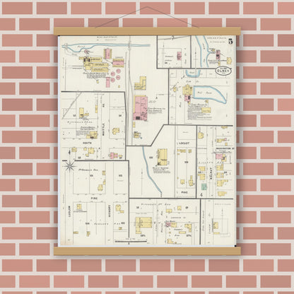 Old map wall art mockup — magnetic wood frame on brick wall — Sanborn Fire Insurance Map from Olney, Richland County, Illinois (1897), Sheet #0005