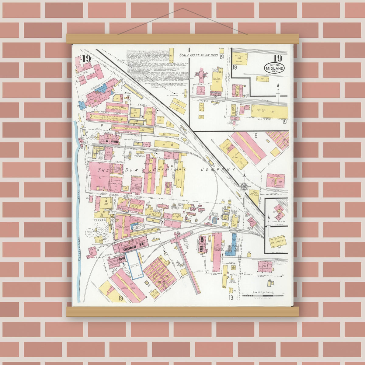 Old map wall art mockup — magnetic wood frame on brick wall — Sanborn Fire Insurance Map from Midland, Midland County, Michigan (1926), Sheet #0019