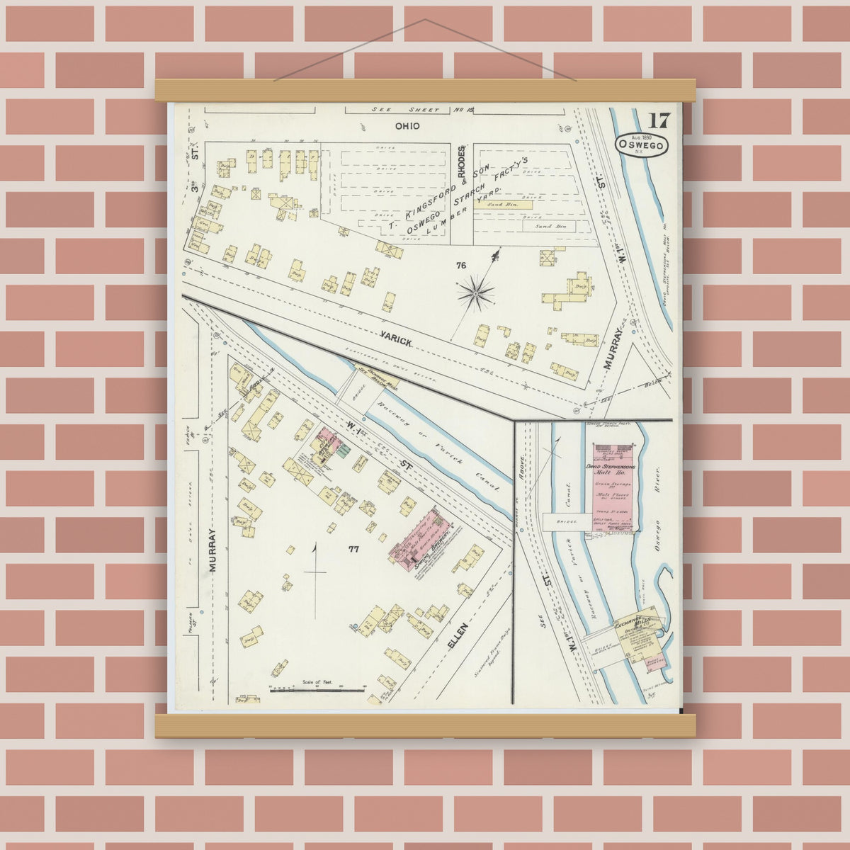Old map wall art mockup — magnetic wood frame on brick wall — Sanborn Fire Insurance Map from Oswego, Oswego County, New York (1890), Sheet #0017